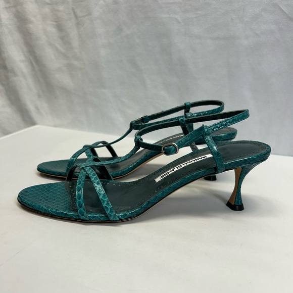 Manolo Blahnik Teal Snakeskin Open Toe Strappy heels Sandals Sz 8.5 - Picture 4 of 7